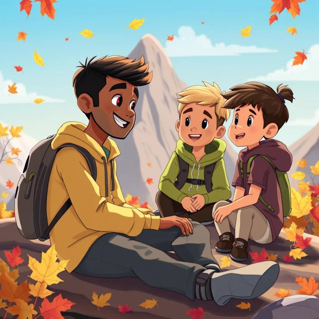 Ahmed sitting on the ground, resting after several climbing attempts, talking to his friends about their plan, colorful autumn leaves around, friendly vibe, illustration, cheerful