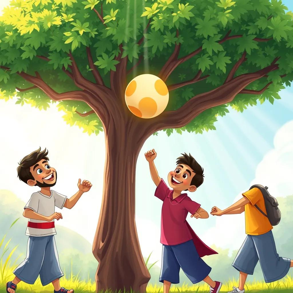 Ahmed and his friends forming a human chain, with smiles on their faces as they try to reach the ball in the tree, bright sunlight pouring down, teamwork spirit, detailed illustration, vibrant colors