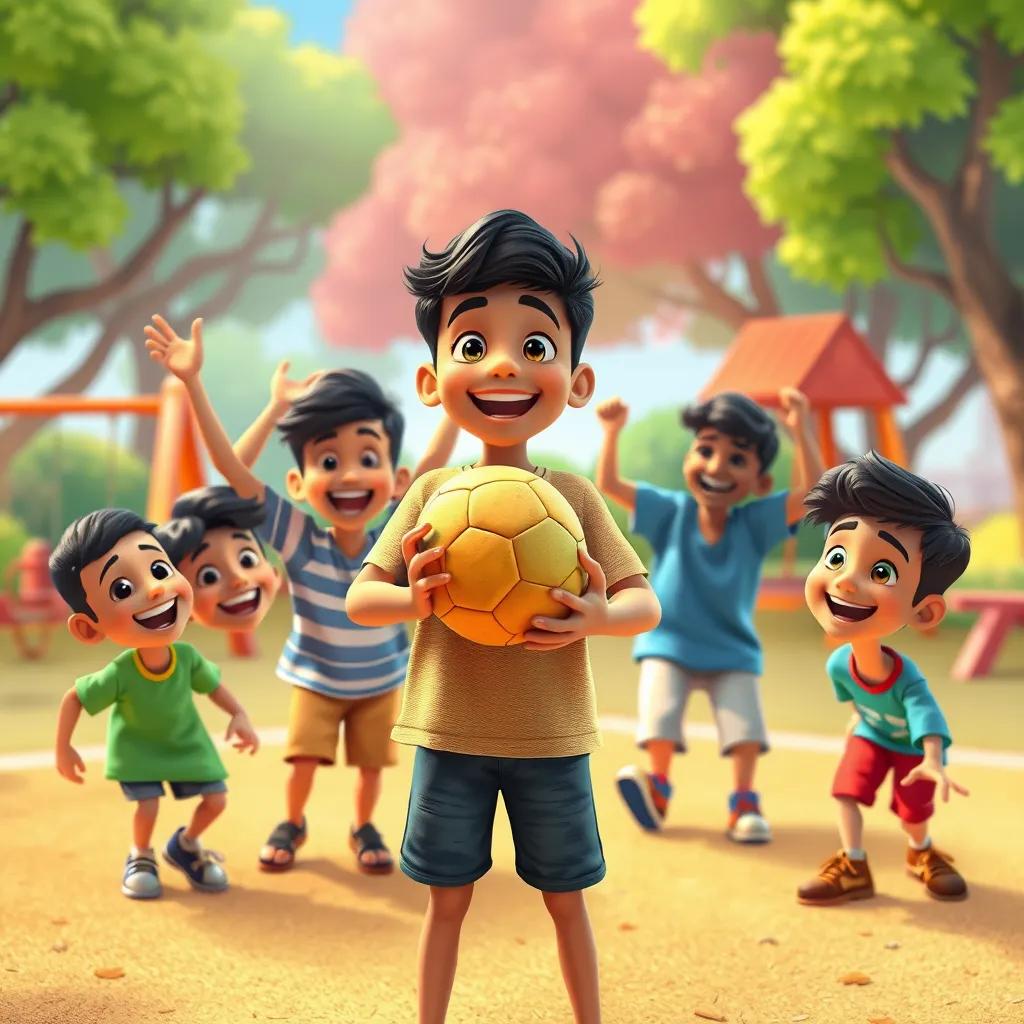 Ahmed happily holding his ball, surrounded by friends at the playground, smiling and celebrating their success, colorful background with trees and swings, joyful atmosphere, digital art, uplifting