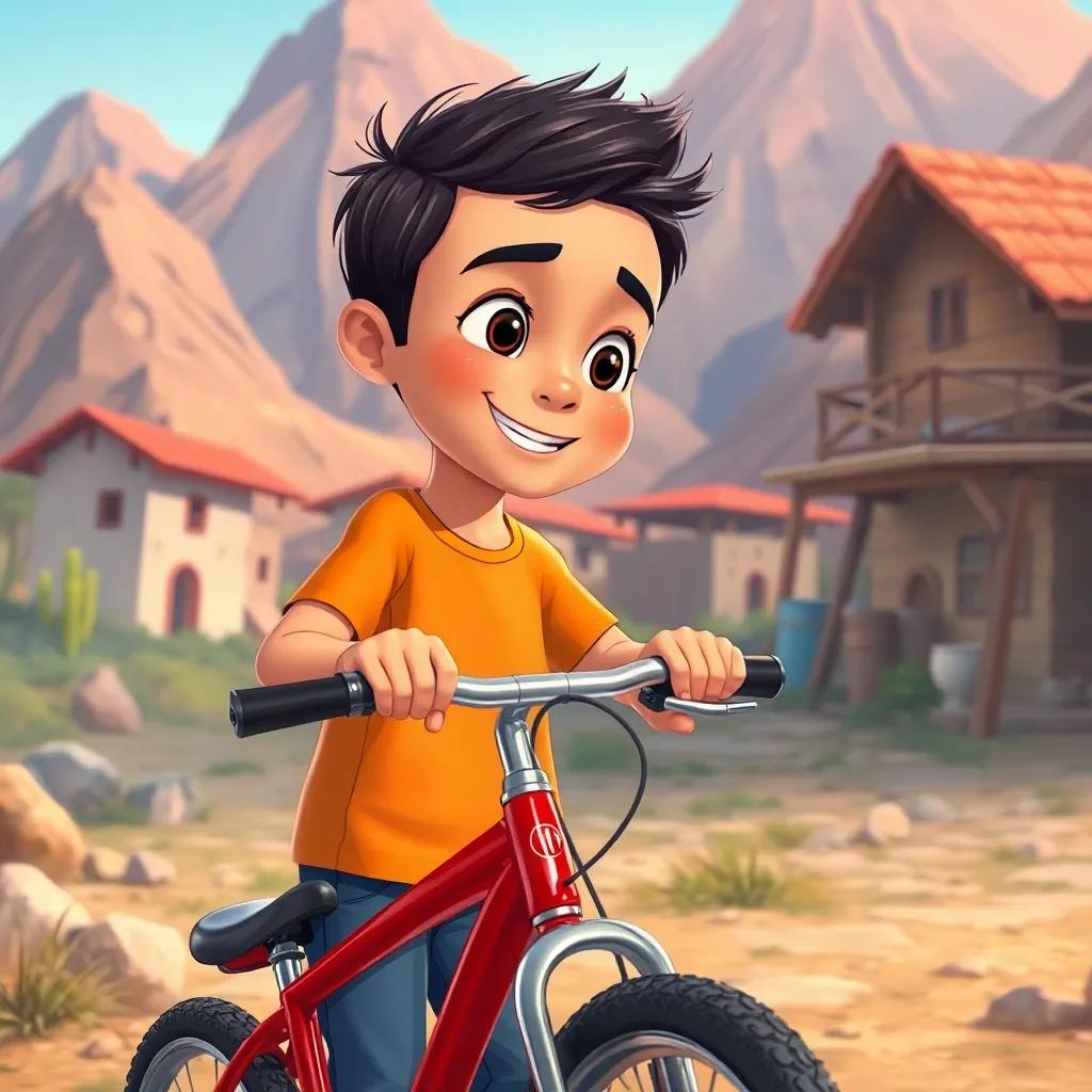 A young Arab boy, Tawfiq, with short dark hair, wearing a bright t-shirt and jeans, looking at a shiny red bicycle in a small village surrounded by mountains, illustration, cheerful, engaging atmosphere, colorful
