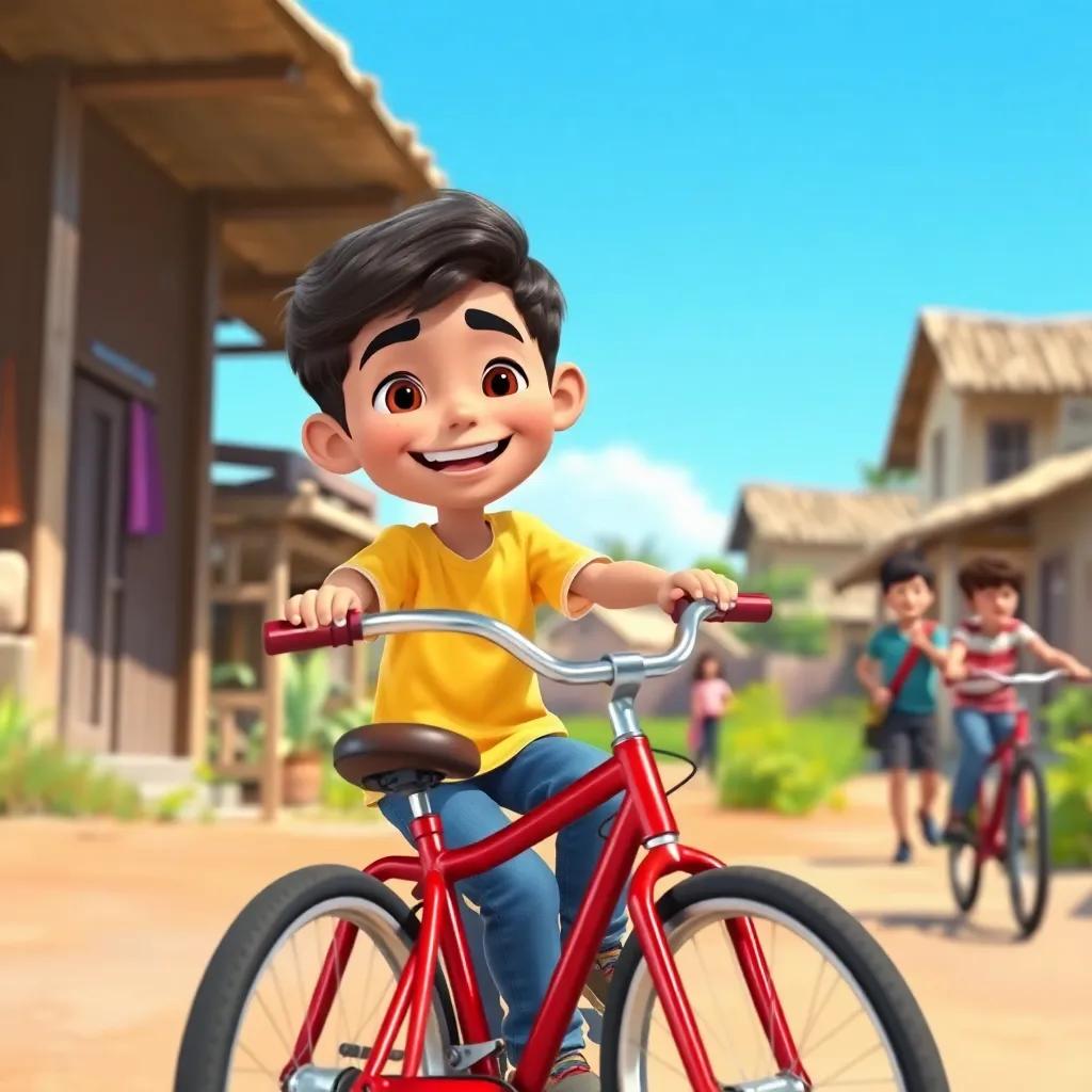 Tawfiq, a young Arab boy, with short dark hair, wearing a bright t-shirt and jeans, riding his shiny red bicycle with a big smile in a village with friends and bright blue sky, joyful, playful, vibrant colors, child-friendly