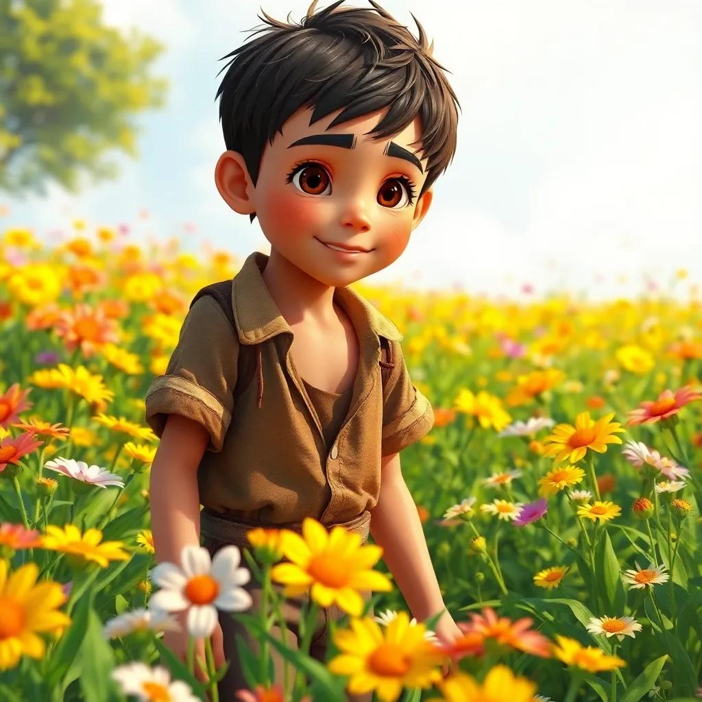 A young boy, Sami, with short, dark hair, wearing a tattered shirt and pants, gathering flowers in a sunny field filled with vibrant flowers, cheerful atmosphere, digital art, bright colors, high quality