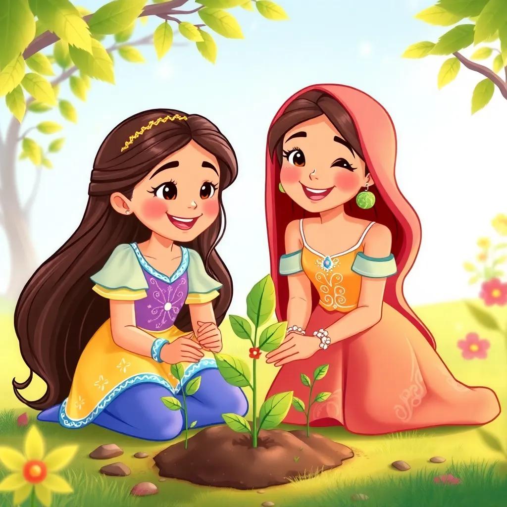 A cheerful princess, Leila, with long, flowing hair, wearing a bright dress with sparkling patterns, kneeling beside Sami and smiling as they plant trees together in a joyful scene, illustration, colorful, child-friendly, high quality