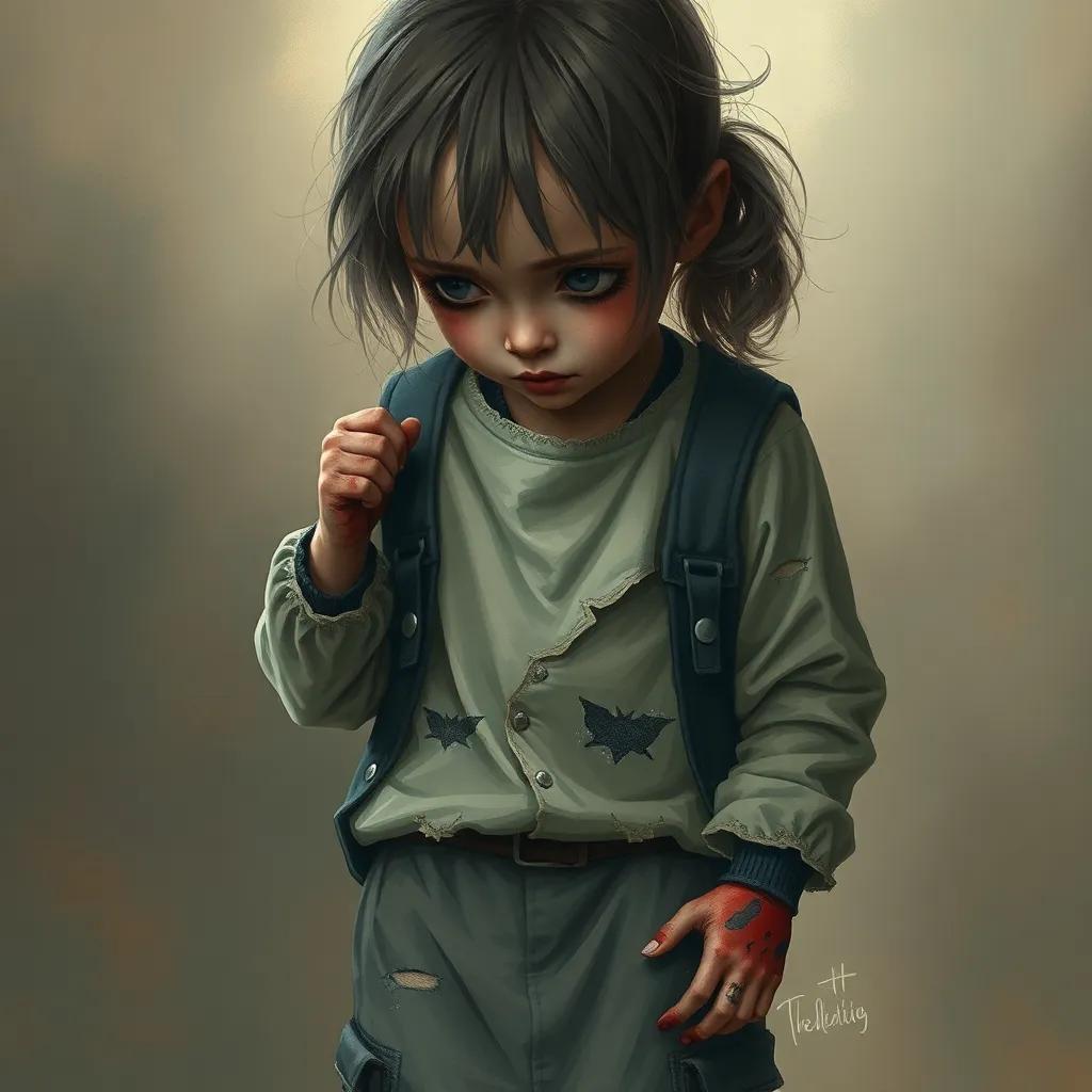 صبي يتيم، يجلس في حديقة قذرة بين النفايات، wearing torn clothes, with dirty hands and sad eyes, looking at the ground, digital art, grungy colors, atmosphere of loneliness, child-friendly, high quality