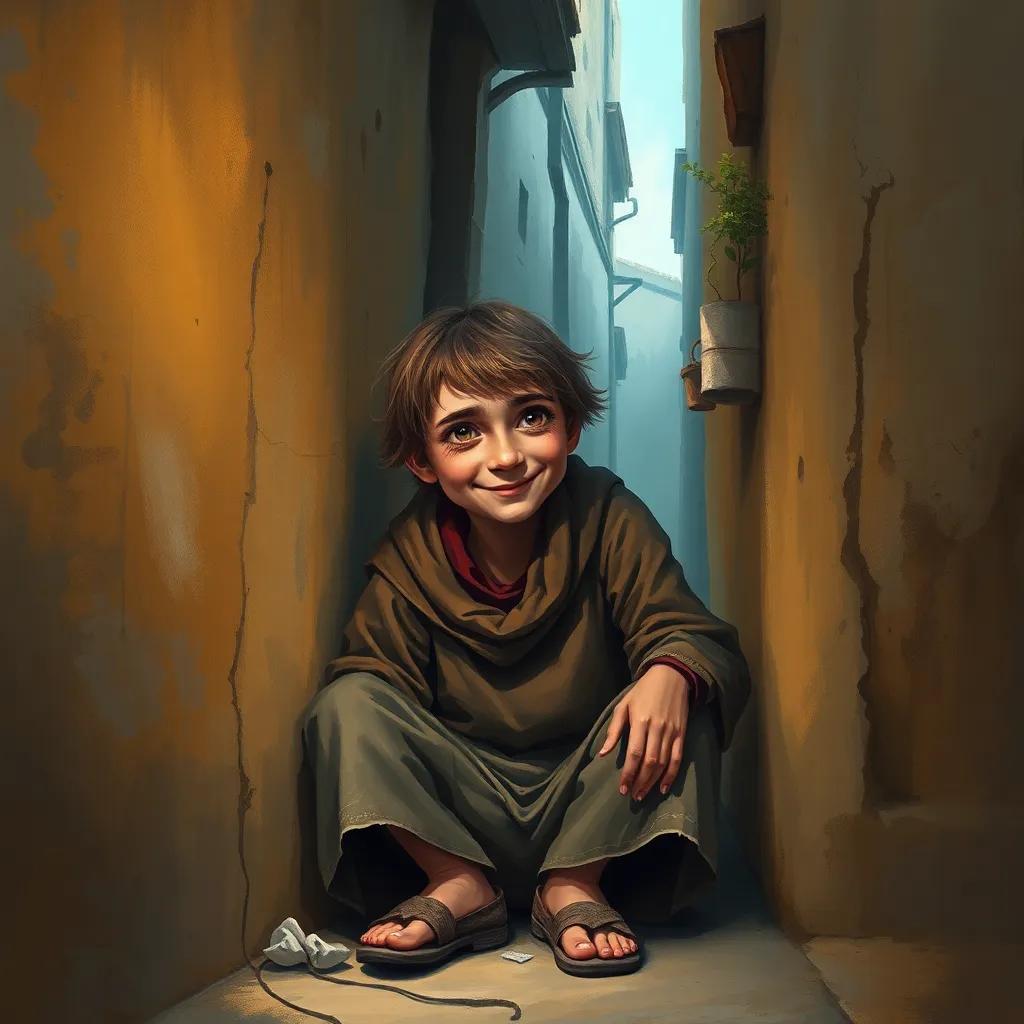 رجل عجوز غريب، sitting in a narrow street corner, wearing old ragged clothes, with wise, piercing eyes, gently smiling at the boy, digital art, warm light, inviting atmosphere, child-friendly, high quality