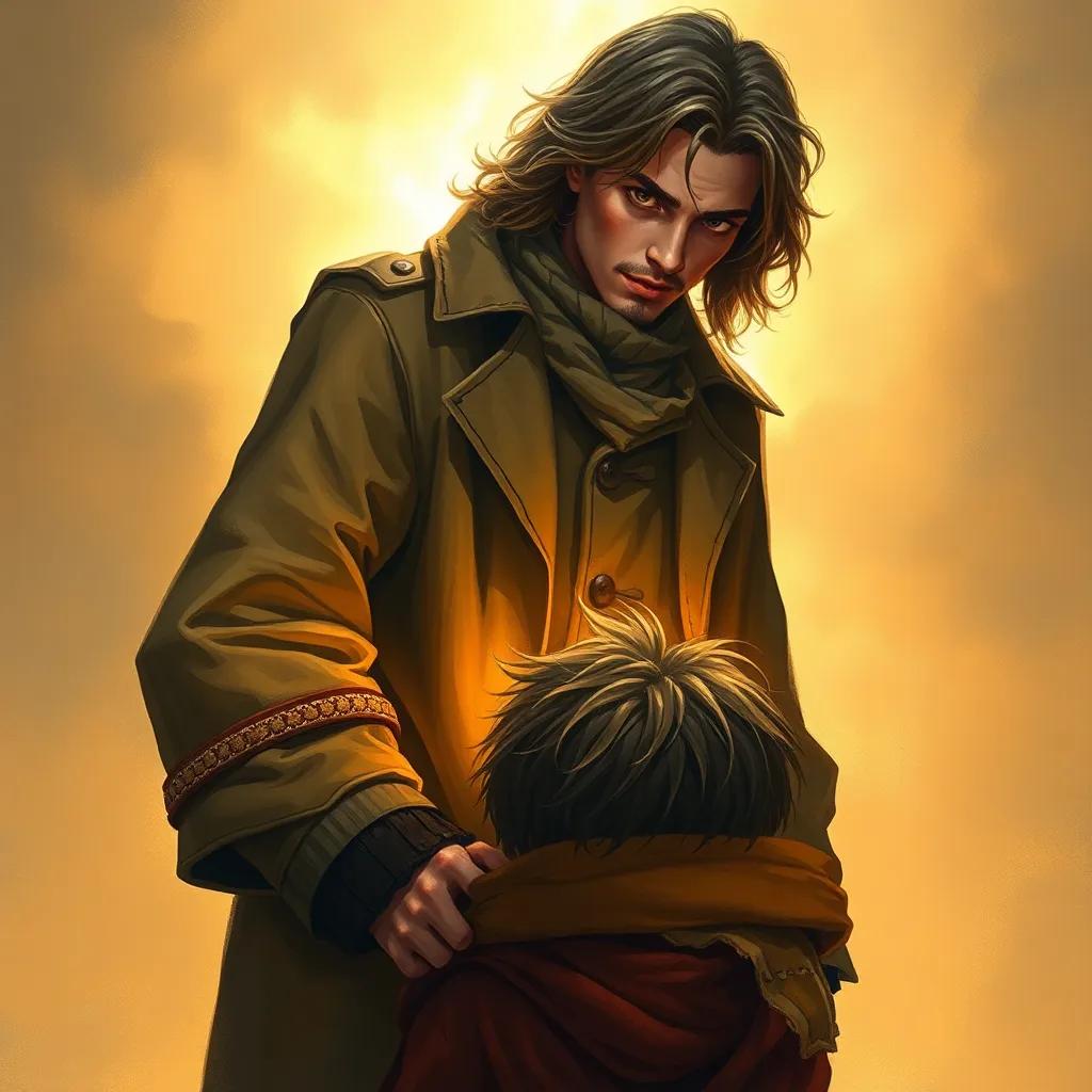 رجل عجوز غريب، standing over the boy, with a warm light behind him, wearing a tattered coat, looking wise and kind, capturing the moment of hope for the boy, digital art, warm colors, heartwarming atmosphere, high quality