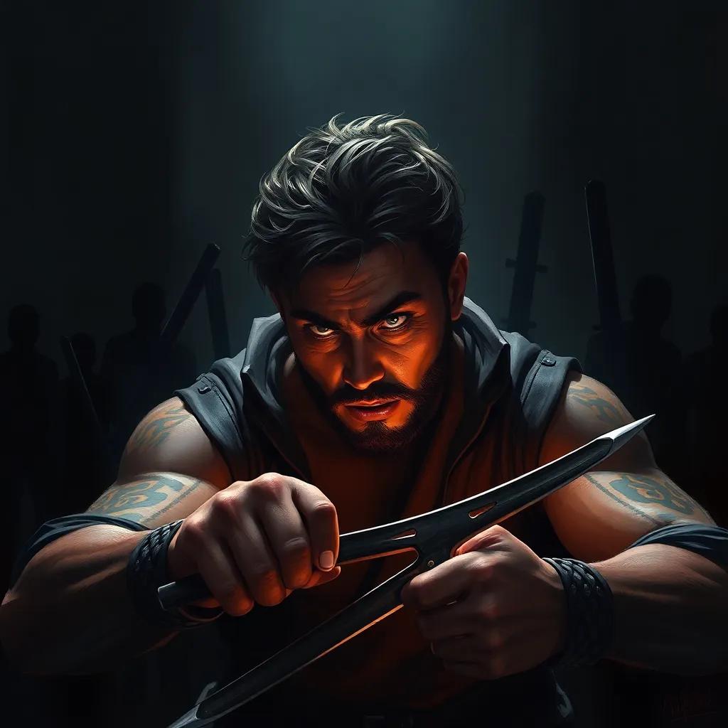 صبي يتيم، training hard in a dark room, shadowy figures of weapons around him, showing determination in his eyes, digital art, dramatic lighting, intense colors, atmosphere of growth, high quality