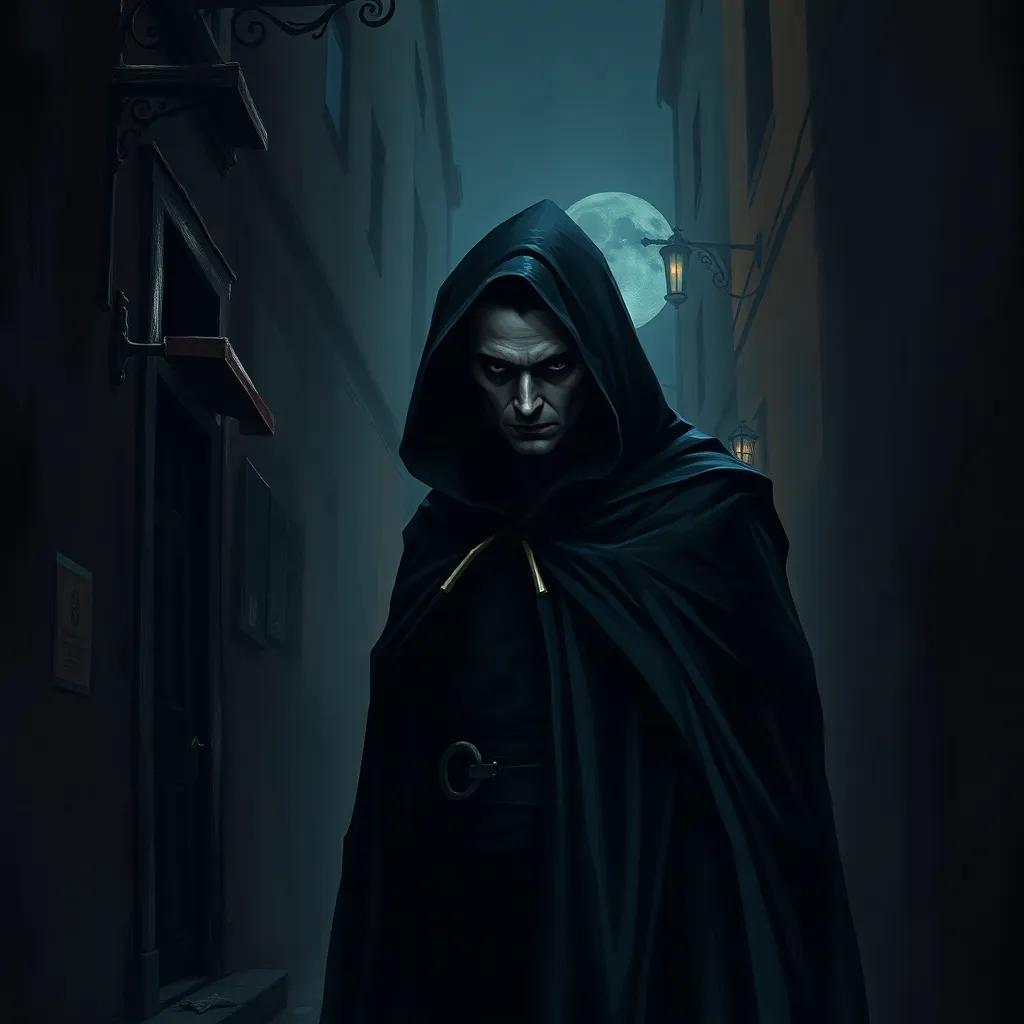 شخصية غامضة، standing in the shadows of a dark alley, wearing a cloak, with menacing expression, hinting at a dangerous presence, digital art, dark colors, tense atmosphere, high quality