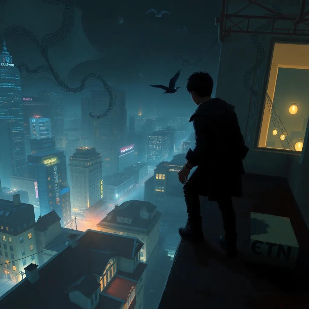 مهمة صعبة، the boy on a rooftop at night, looking down at an unsuspecting target below, wearing dark clothing, ready to jump, digital art, nighttime city view, action-packed atmosphere, high quality