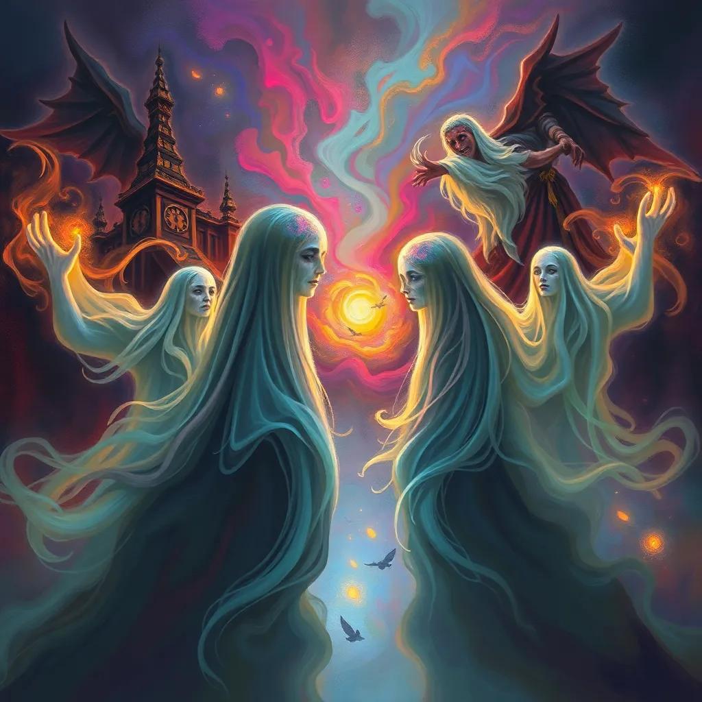 معركة داخل القلب، تظاهرات من الماضي تطارد الصبي، تظهر في ذكرياته، with ghostly shadows, digital art, colorful swirl of emotions, reflective atmosphere, high quality