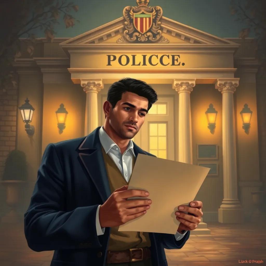 صبي يتيم، standing in front of the police station, with a remorseful expression, holding a letter of confession in his hands, digital art, warm light, atmosphere of acceptance, high quality