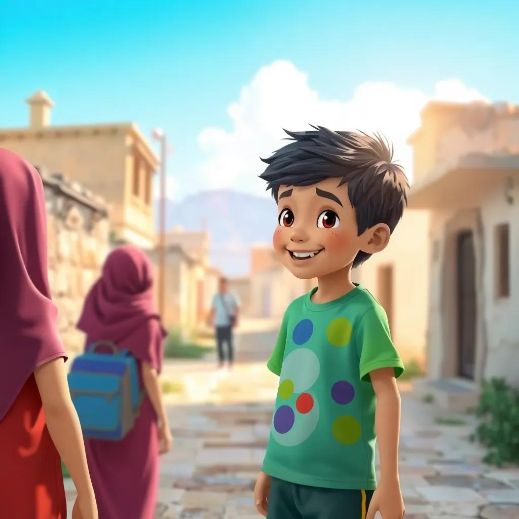 A young Arab boy, Sami, with short black hair, wearing a colorful t-shirt and shorts, happily talking to his friends in a small village, bright sunny day, cheerful atmosphere, vibrant colors, child-friendly