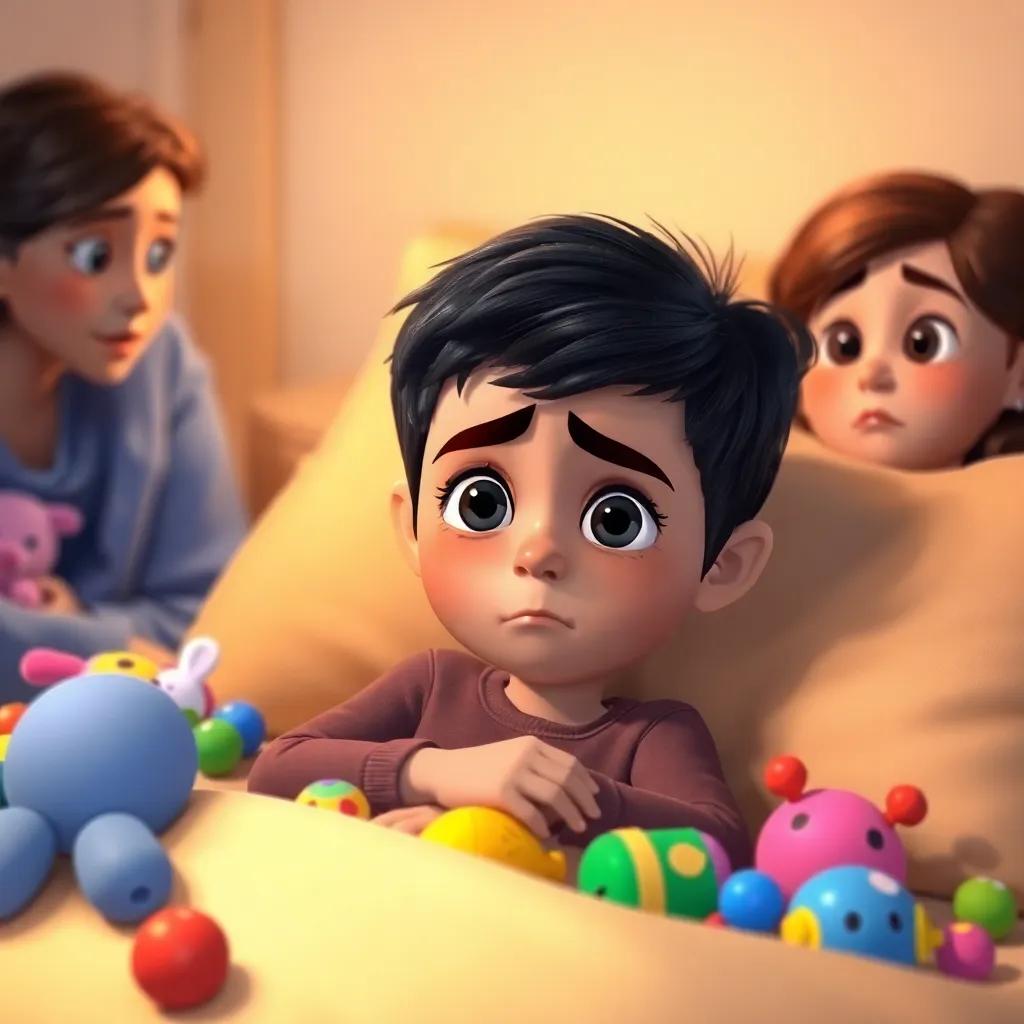 A young Arab boy, Sami, with short black hair, laying in bed with a worried expression, surrounded by colorful toys, his mother nearby looking caring and concerned, cozy room, warm light, heartwarming