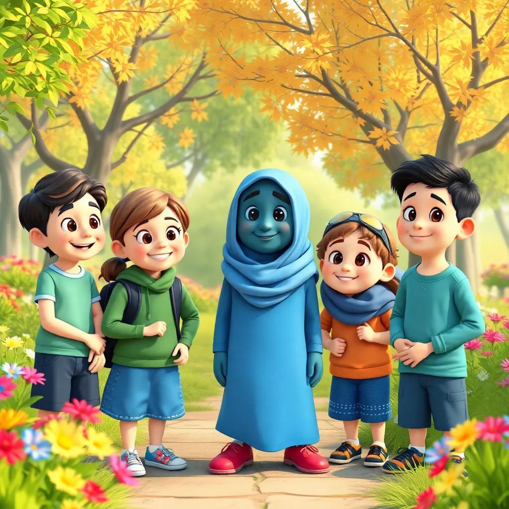 A group of kids visiting Sami, looking concerned and caring, with bright smiles, in a cheerful park setting filled with flowers and trees, vivid colors, friendly and inviting atmosphere