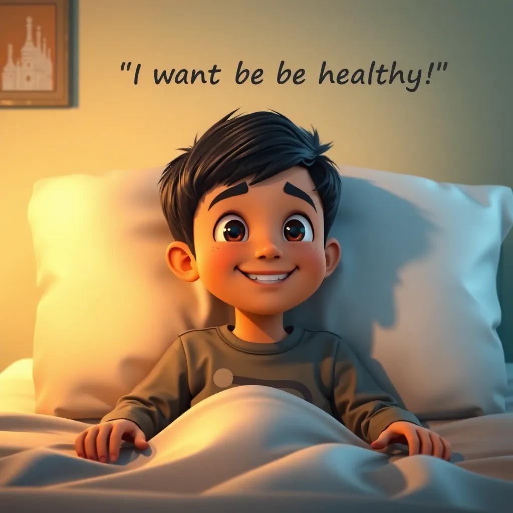 A young Arab boy, Sami, with short black hair, sitting up in bed, smiling with determination as he says, 'I want to be healthy!' warm light, uplifted spirits