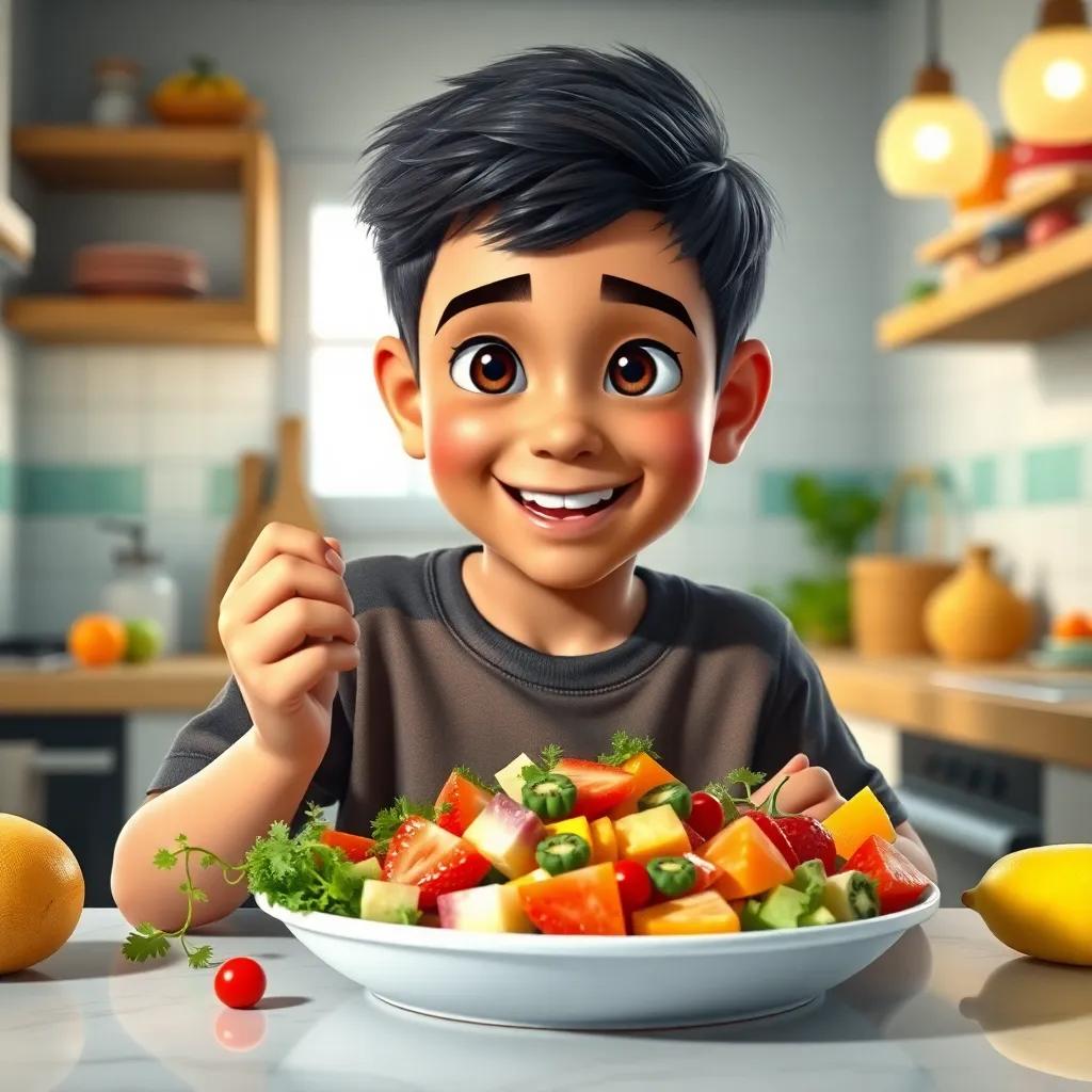 A young Arab boy, Sami, with short black hair, eating a plate of colorful fruits and vegetables, looking happy and energetic, kitchen filled with light, healthy vibe, inviting