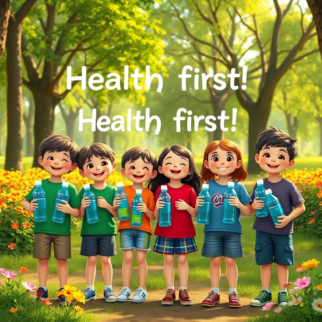 A group of kids with water bottles, standing together in the park, joyfully saying 'Health first!' surrounded by trees and flowers, friendly light, vibrant