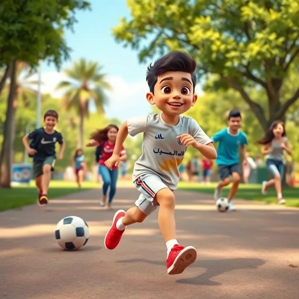 A young Arab boy, Sami, running energetically in a sporty pose with friends playing football, lively park, sunny day, cheerful and active atmosphere