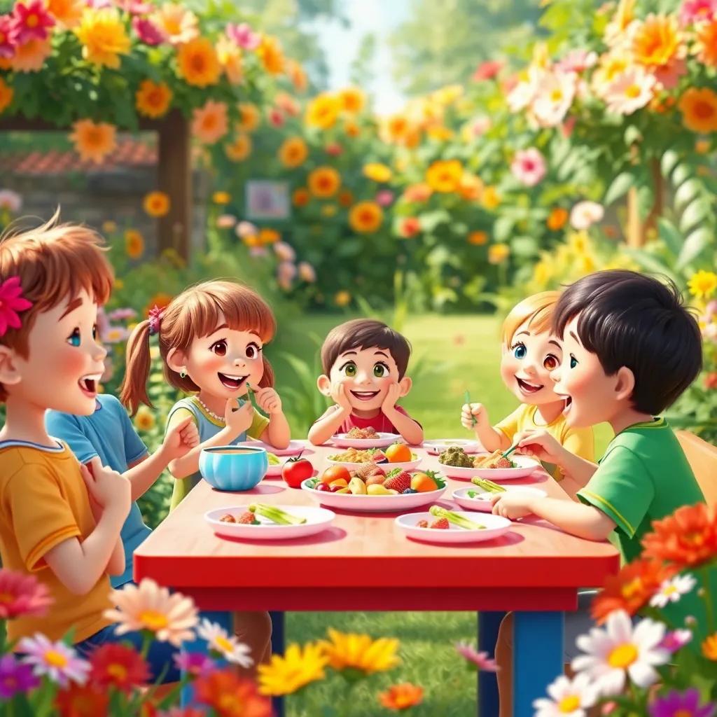 A group of kids eating healthy food together, smiling and enjoying, in a beautiful garden filled with flowers, colorful table, bright and joyful