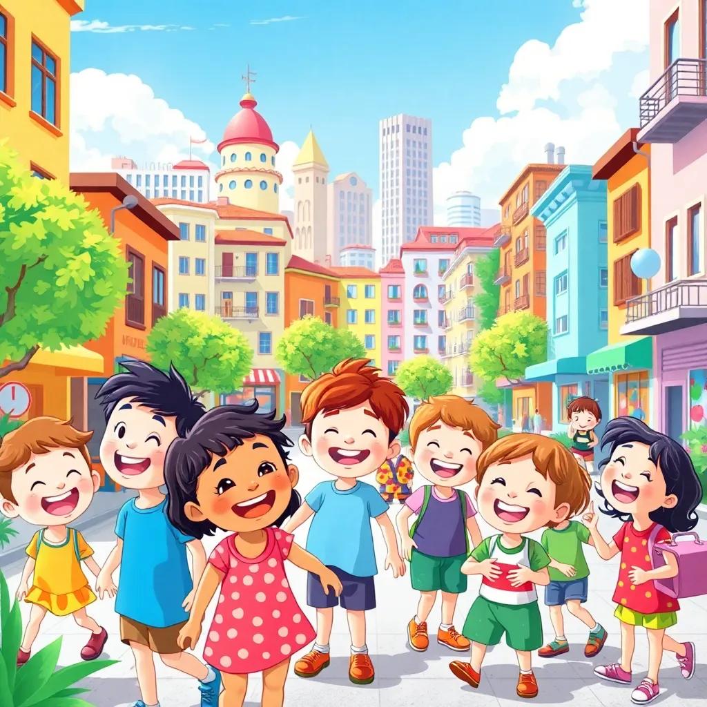 A happy, healthy city scene with children playing and laughing, colorful and vibrant, showing the importance of health over wealth, cheerful and bright atmosphere