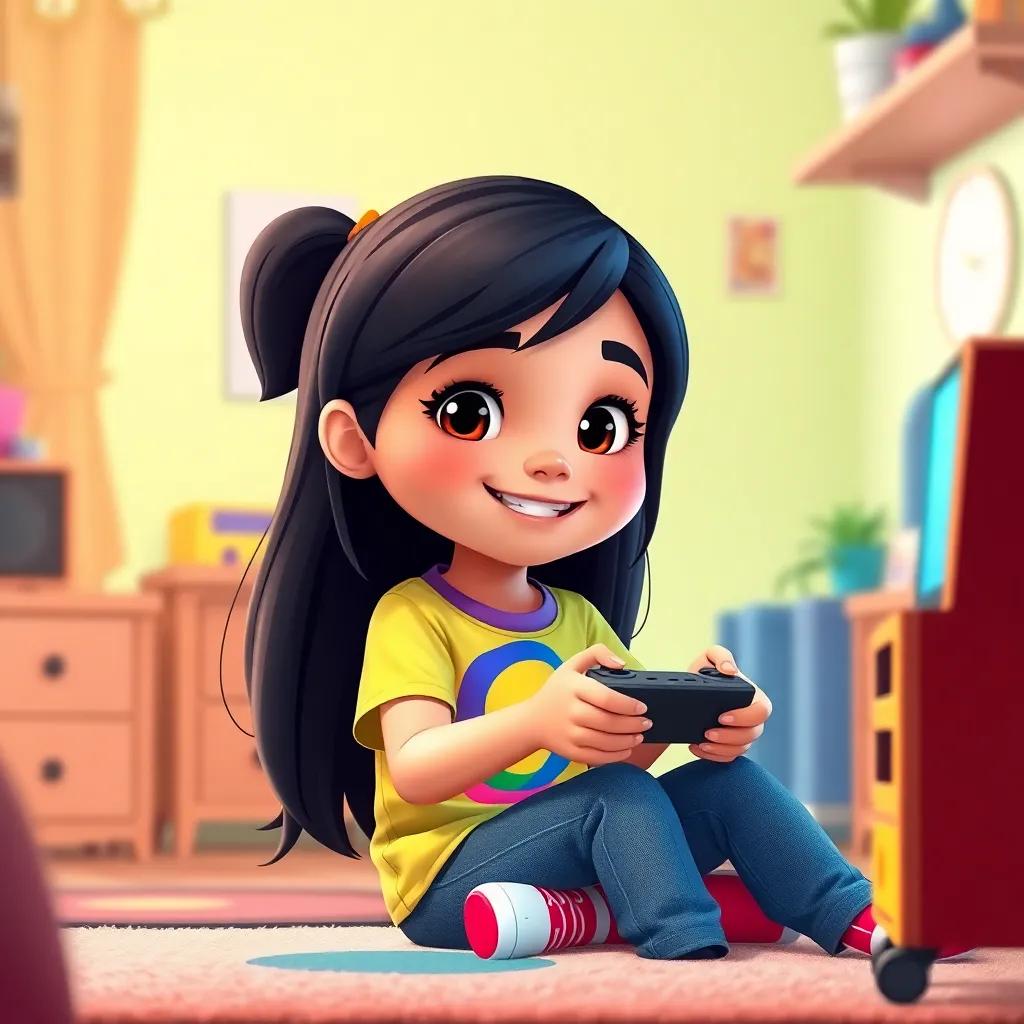 A little girl, Leila, with long, dark hair, wearing a colorful t-shirt and jeans, sitting in her room while playing video games with a cheerful expression, bright colors, playful atmosphere, high quality