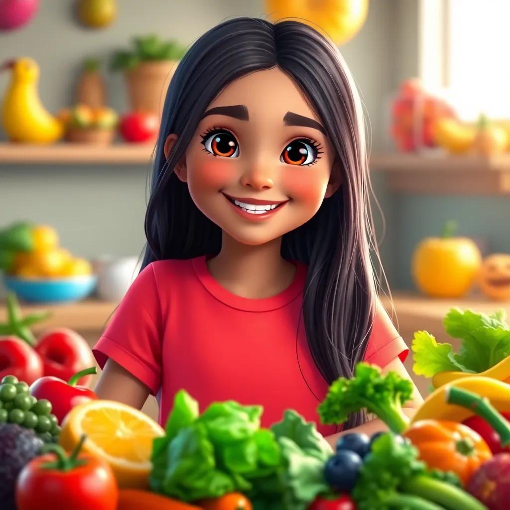 A young girl, Leila, with long, dark hair, wearing a bright t-shirt and healthy food around her, smiling and enjoying colorful fruits and vegetables, positive energy, vibrant colors, warm light, inviting atmosphere, digital art, high quality