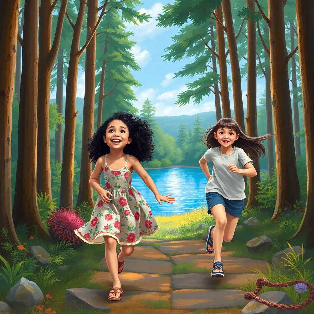 A colorful forest scene with tall trees, two young girls running excitedly towards a bright, shimmering lake. One girl, Leila, is wearing a floral dress, with curly black hair laughing joyfully. The other girl, Sarah, has straight brown hair and is wearing a t-shirt and shorts, both smiling and happy, digital art, vibrant colors, cheerful atmosphere, high quality