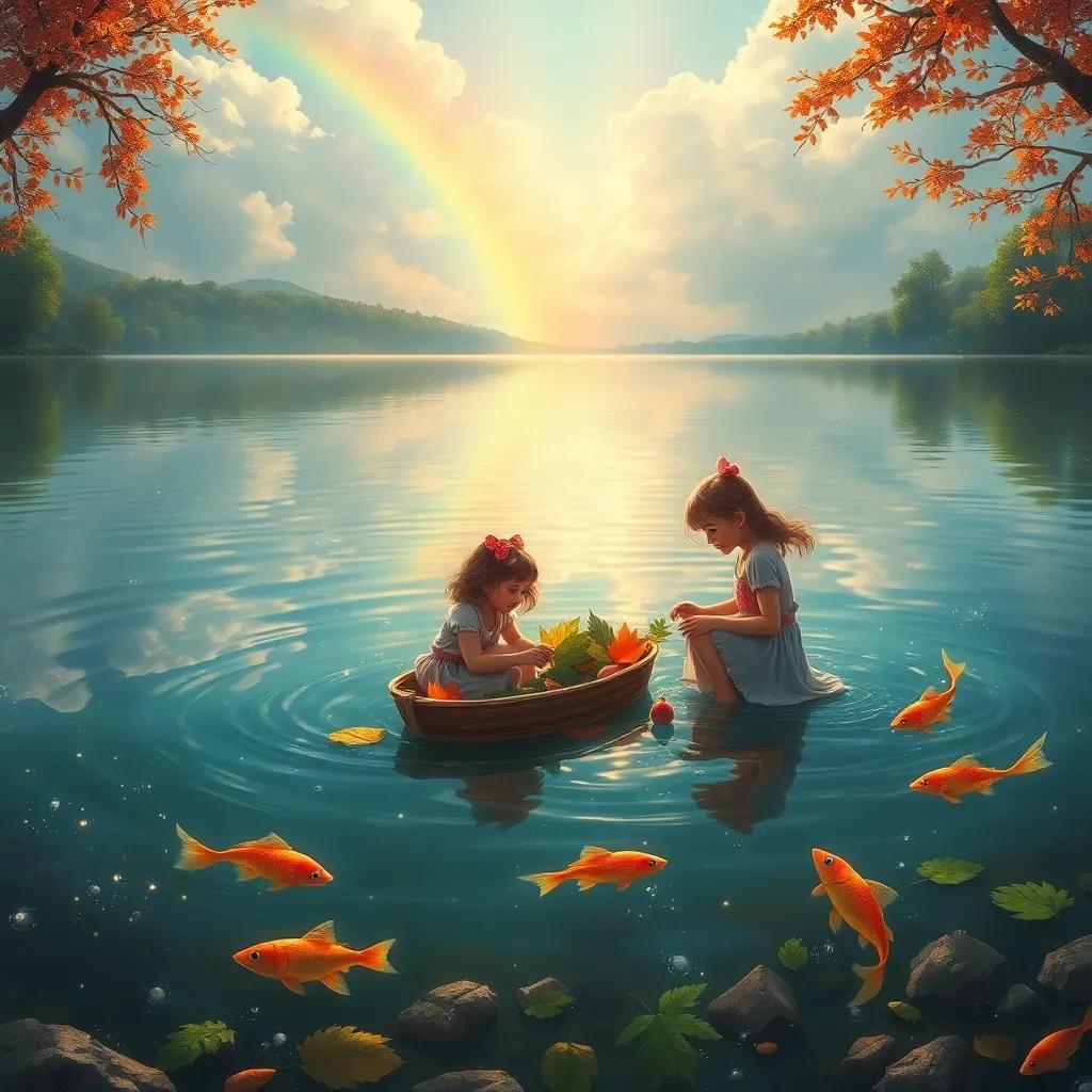 A beautiful lake with a rainbow reflecting in its surface, Leila and Sarah playing at the edge of the water, making boats out of leaves. The scene is filled with sparkling water, cheerful fish jumping, detailed digital art, lively colors, joyful mood, high quality