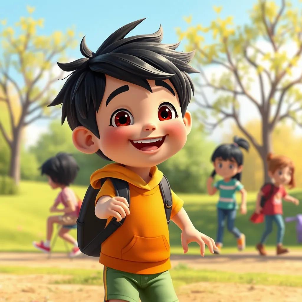 A cheerful boy Samy, with dark hair and bright clothes, playing with friends in a sunny park, enjoying the day, digital art, warm colors, lively atmosphere, high quality