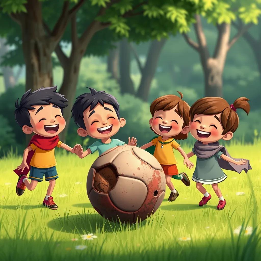 Sami and friends laughing and kicking an old, worn-out ball, surrounded by green grass and trees in the background, illustration, cheerful, child-friendly, vivid colors