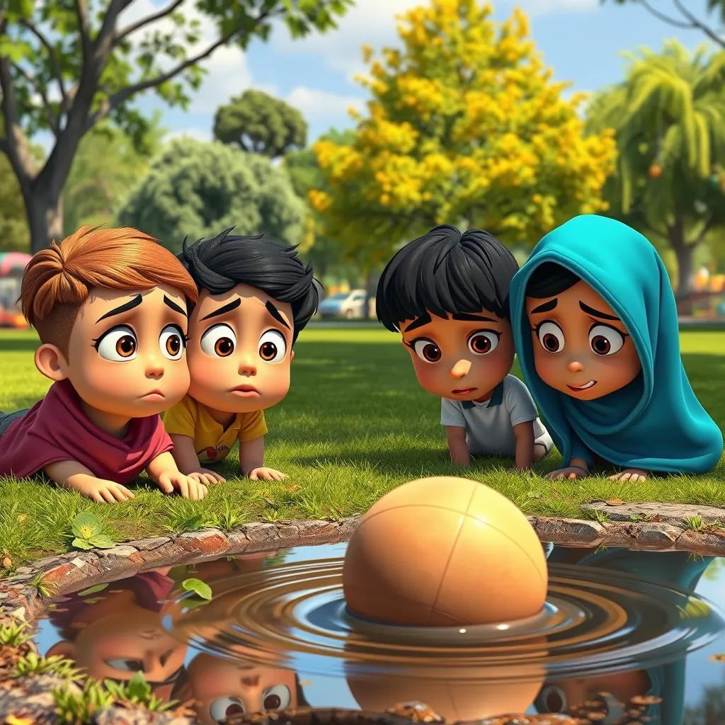 Sami and friends looking sad as a ball falls into a puddle, expressions of concern on their faces, in a sunny park, artistic view, vibrant illustrations