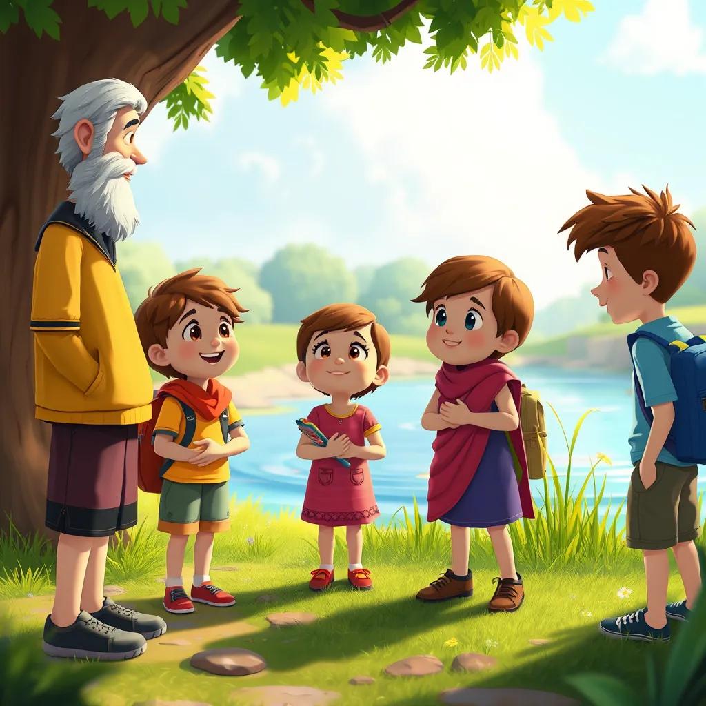 A group of children with Samy, talking to an older friend for help, standing near a pond, feeling hopeful, colorful scene, warm and friendly mood