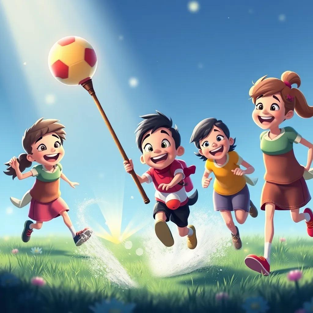 Sami with friends, joyfully retrieving the ball with a long stick, everyone smiling and celebrating their teamwork, bright colors, uplifting atmosphere