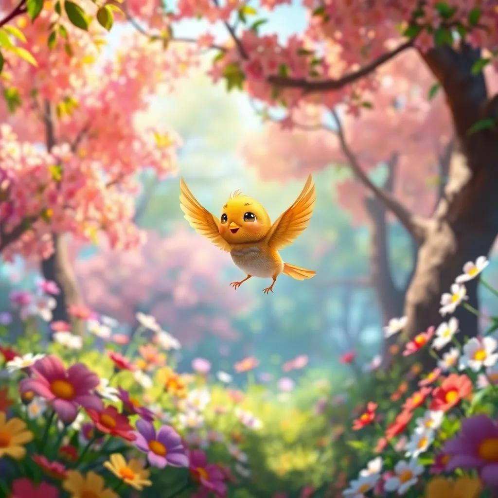 A small bird, Toto, with bright feathers flying in a colorful forest, surrounded by blooming flowers and trees with sunlight filtering through, cheerful atmosphere, digital art, vibrant colors, high-quality