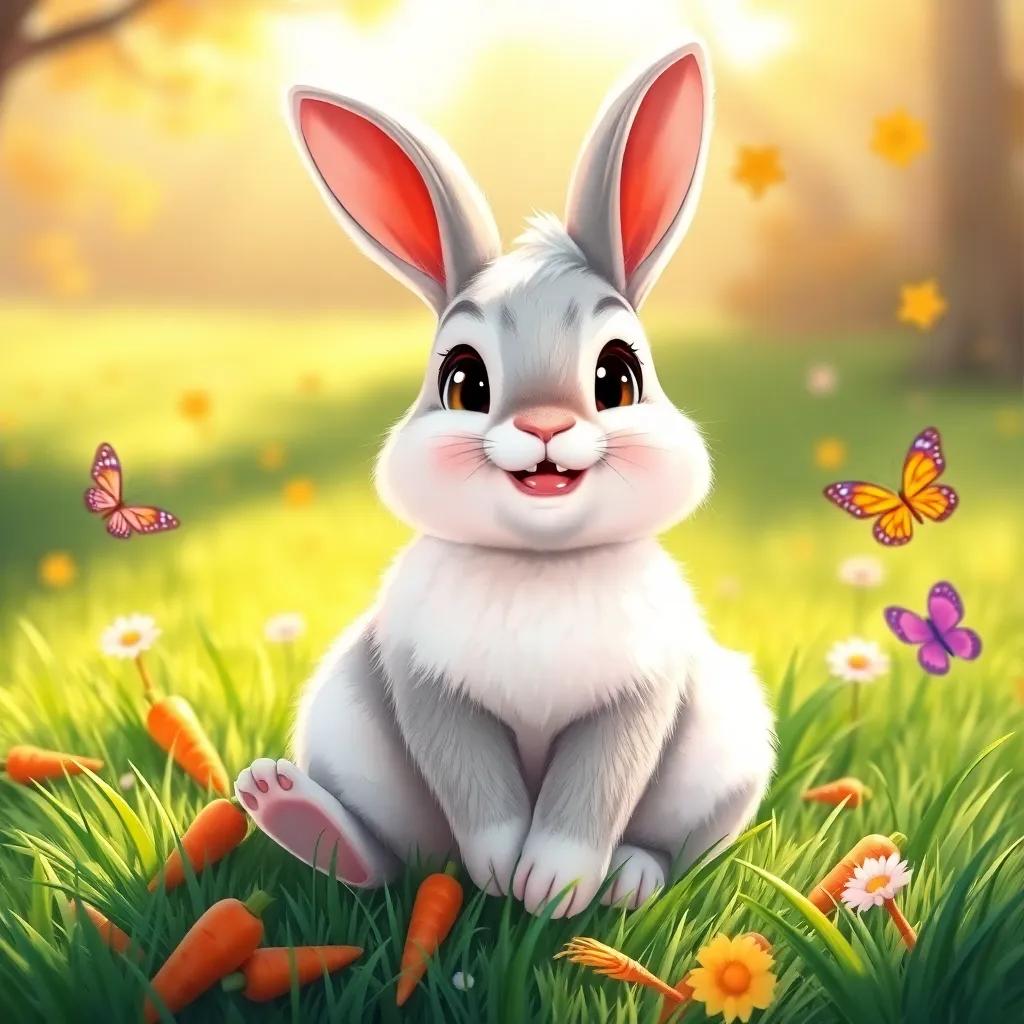 A cute rabbit, Bebo, with fluffy fur, sitting on the green grass with a happy smile, surrounded by carrots and colorful butterflies, sunny and cheerful day, illustration, kid-friendly, warm lighting