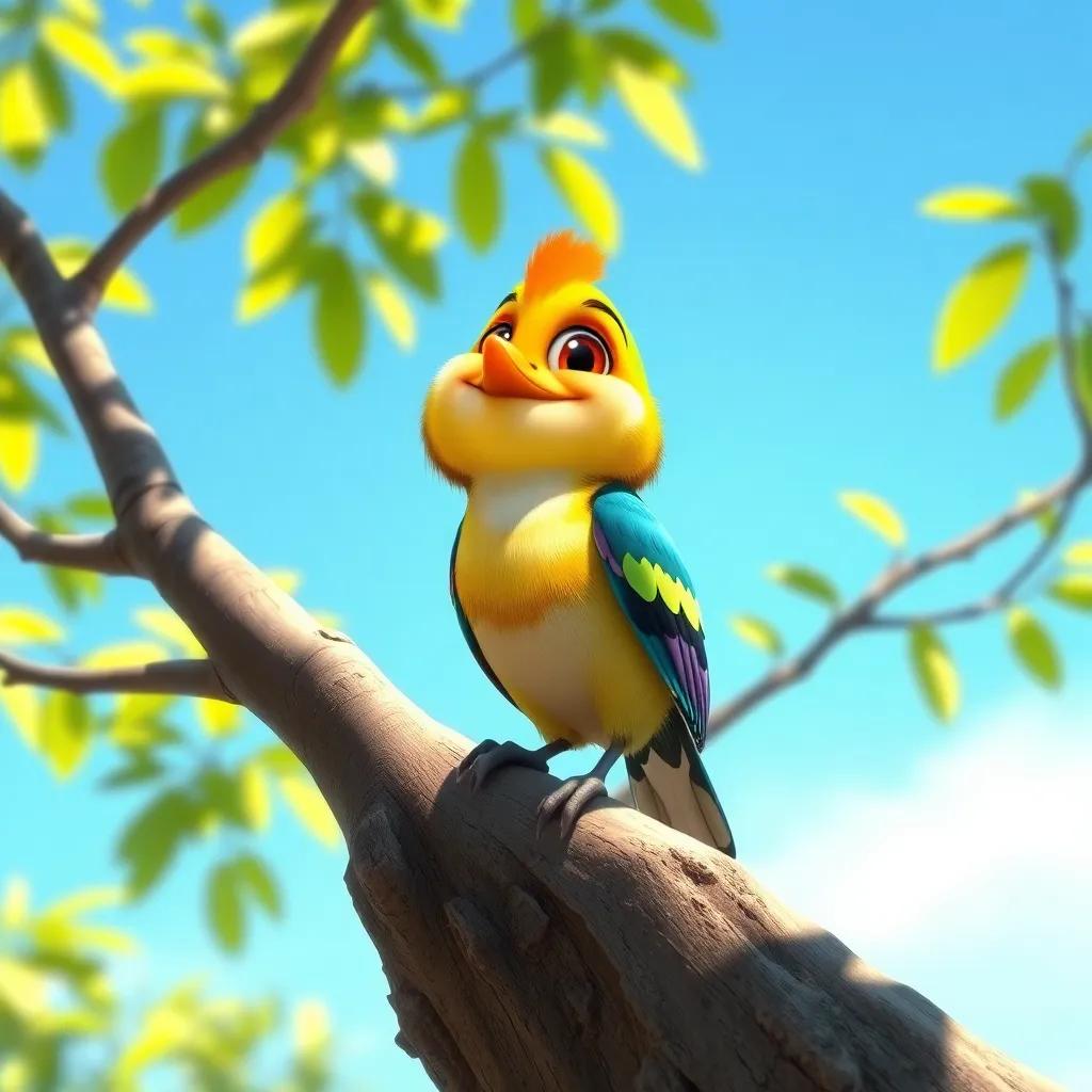 A small bird, Toto, with colorful feathers, perched on a high tree, looking around with curiosity, bright sunny day, cheerful, digital art, vivid colors, inviting atmosphere, high quality
