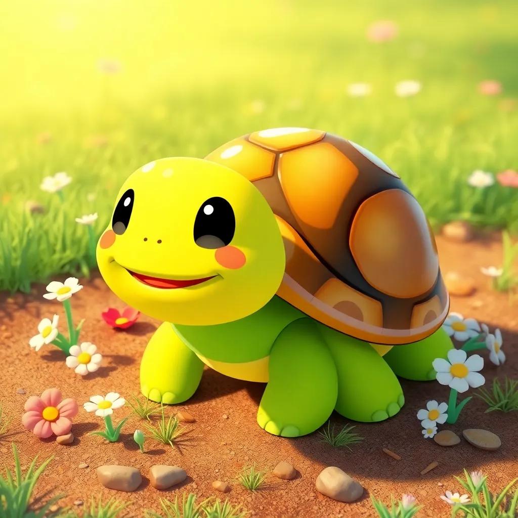 A turtle, Nana, with a shiny shell, smiling on the ground, surrounded by flowers and grass, bright and cheerful, illustration, friendly vibe, colorful