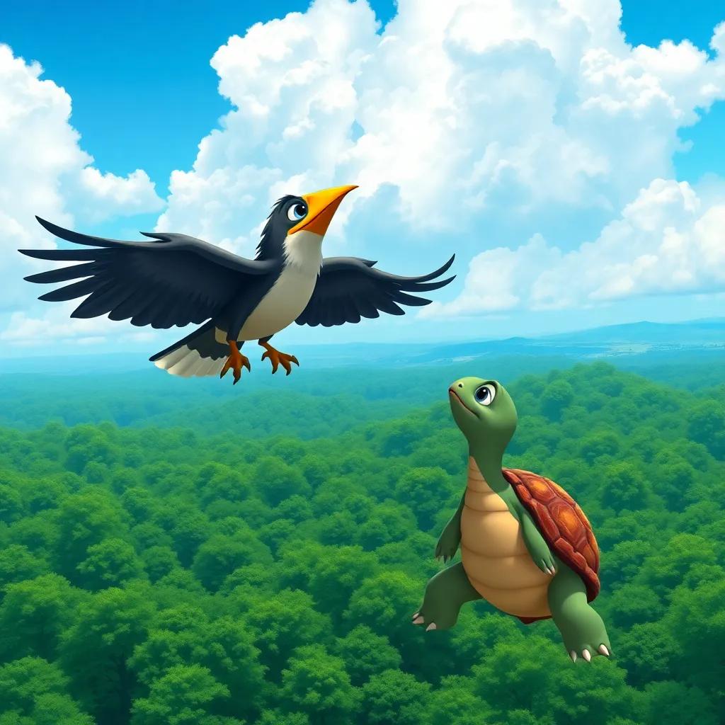 Toto the bird flying over a vast green forest with Nana the turtle looking up with amazement, beautiful blue sky, vibrant, illustration, adventurous setting, high quality