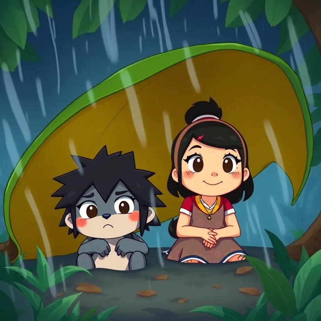 Toto and Nana hiding under a big leaf during a storm, showing expressions of determination and friendship, cartoon style, whimsical, colorful scene, child-friendly