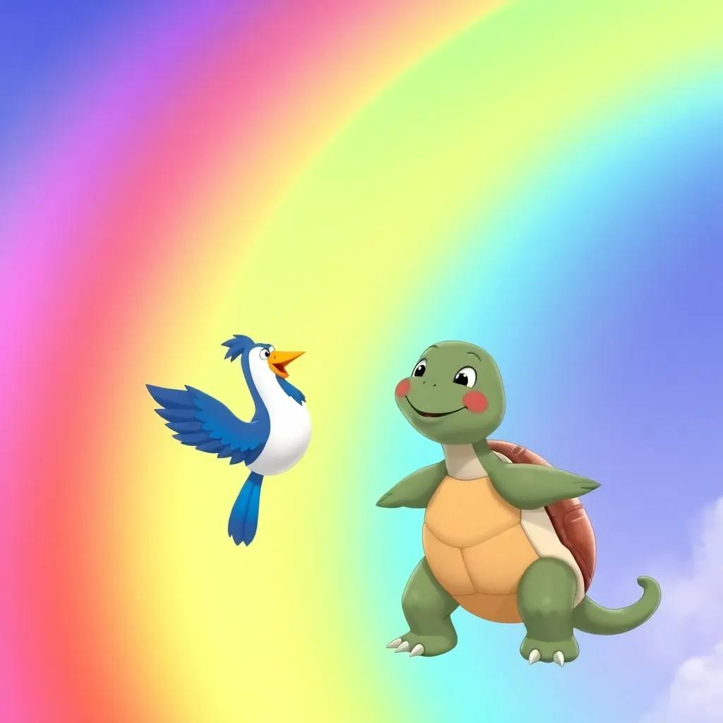 A beautiful rainbow arcing across the sky, with Toto the bird and Nana the turtle smiling at each other, representing friendship, vibrant colors, bright and uplifting, detailed illustration
