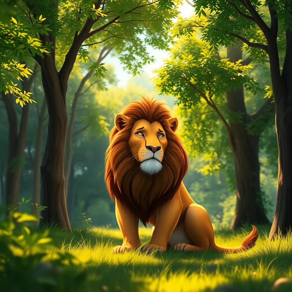 A majestic lion, strong and noble, sitting amidst lush green trees in a sunny forest, looking lonely and thoughtful, digital art, vibrant colors, warm light, serene atmosphere,  high quality