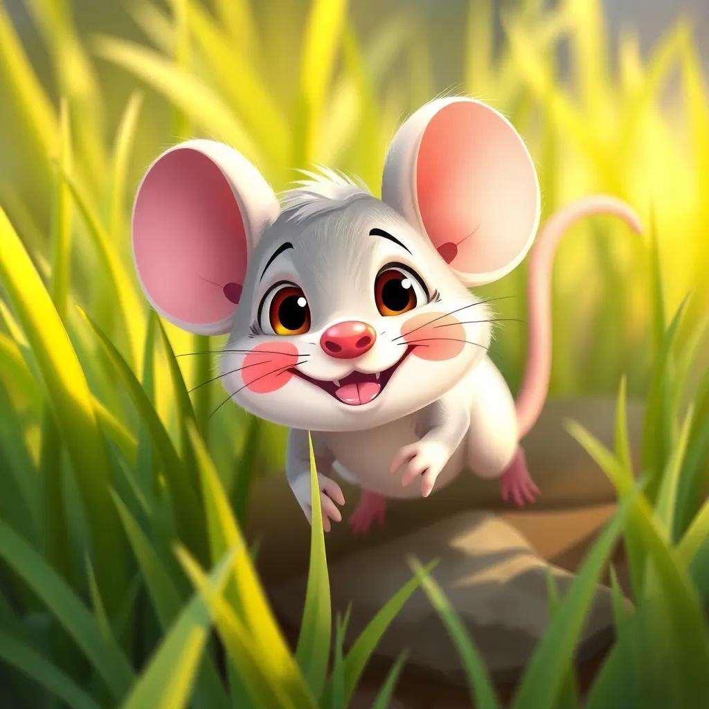 A small, cheerful mouse, scurrying through tall grass, with bright eyes and a big smile, eager to help, cheerful illustration, bright colors, friendly vibe, child-friendly