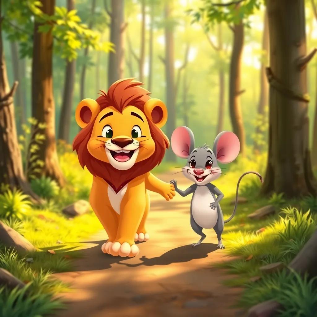 A lion and a mouse together, walking side by side on a sunny path in the woods, both smiling and forming a beautiful friendship, bright and colorful illustration, cheerful atmosphere, child-friendly