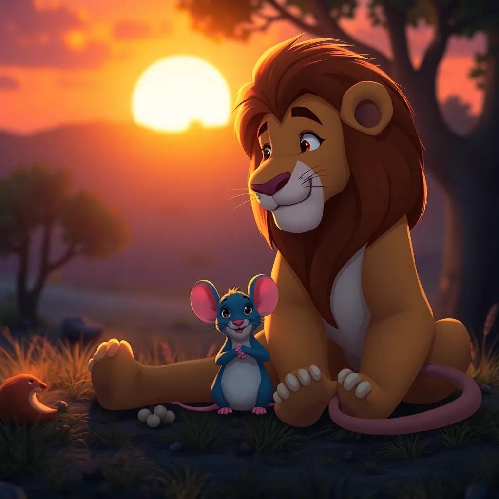 The lion and the mouse sitting together at sunset, sharing a moment of friendship, warm golden light illuminating their faces, peaceful scenery, heartwarming digital art, inviting and cozy