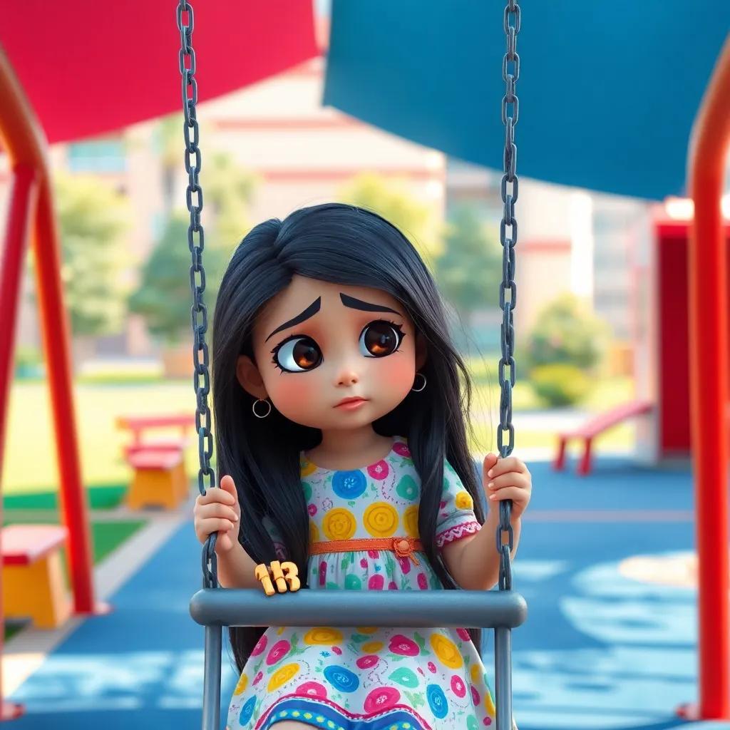 A young Arab girl, Maira, with long, dark hair, wearing a colorful dress, looking sad while sitting on a swing in a school playground, digital art, bright colors, cheerful atmosphere, high quality