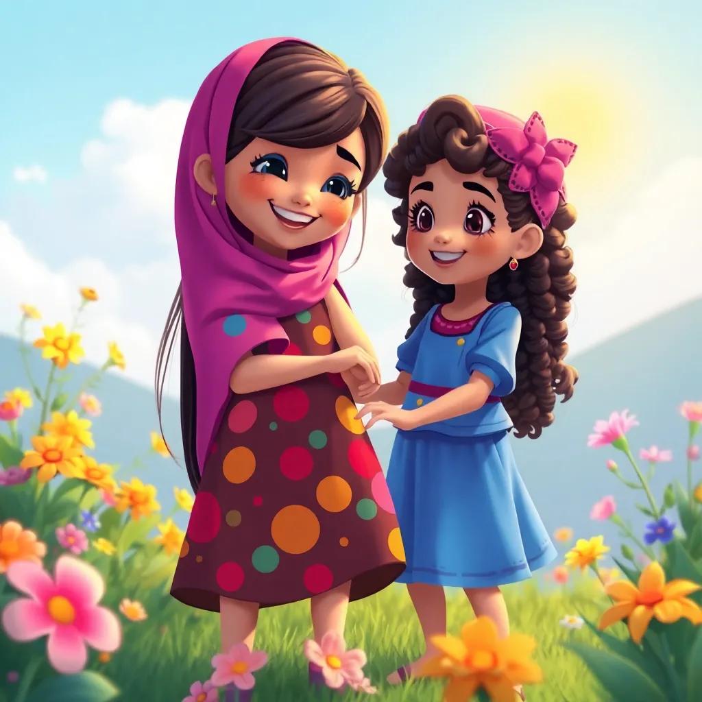 Maira, a young Arab girl with long, dark hair in a colorful dress, playing joyfully with a new friend, Leila, who has curly hair and is wearing a playful outfit, surrounded by flowers and sunshine, illustration, happy scenery, vibrant colors, child-friendly