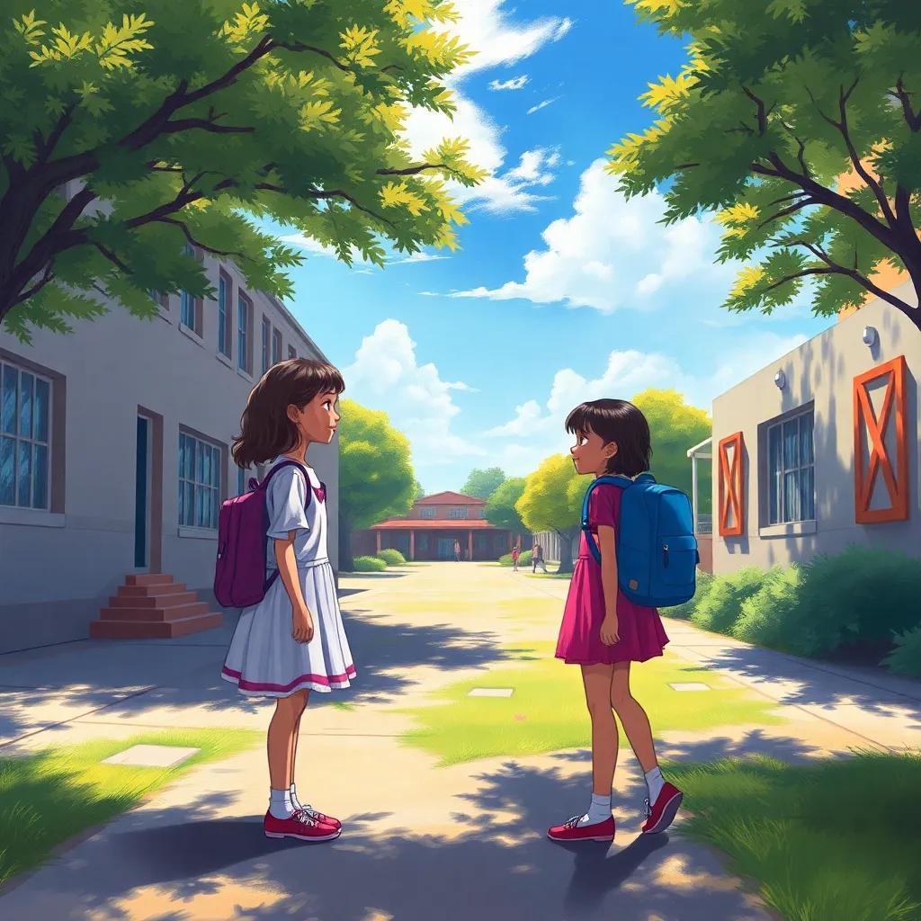 A school yard with a girl named Sara approaching Layla who is sitting alone, bright sunny day, vibrant colors, inviting surroundings, friendly interaction, digital art, clear focus