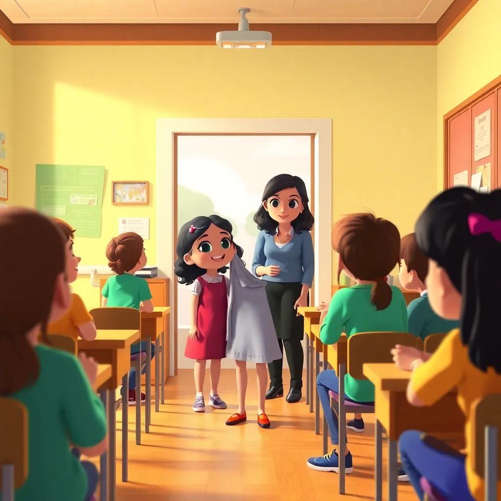 A classroom with a new girl, Leila, entering with the teacher, students watching with curiosity, digital art, bright colors, warm atmosphere, high quality