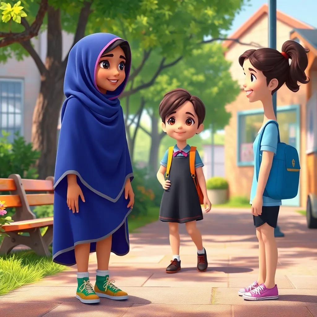 A schoolyard scene with Leila sitting alone, Sarah approaching her with a friendly smile, vibrant, cheerful, inviting atmosphere, high quality