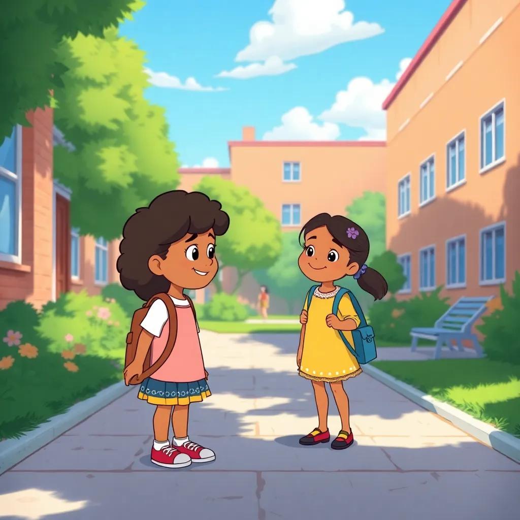 A school yard with Sarah noticing Layla sitting alone, Sarah approaching her with a friendly smile, sunny day, vibrant colors, child-friendly, detailed illustration